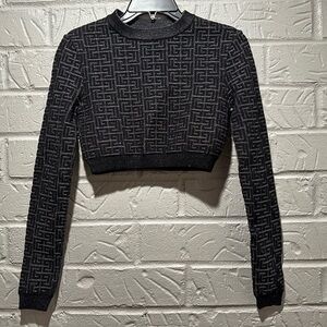 New Balmain Monogram Long Sleeve Cropped Black Top Size 34